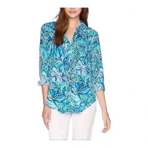 Lilly Pulitzer Sea View Rayon Long Sleeve Button Down Shirt Women’s XS